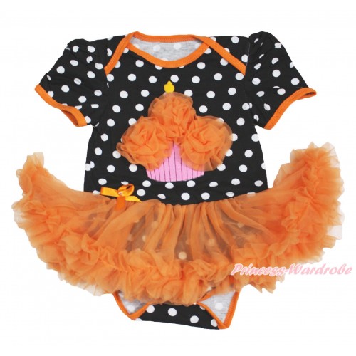 Black White Dots Baby Bodysuit Orange Pettiskirt & Orange Rosettes Birthday Cake JS3977