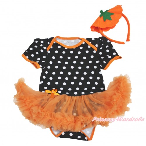 Halloween Black White Dots Baby Bodysuit Orange Pettiskirt & Pumpkin Headband JS3979