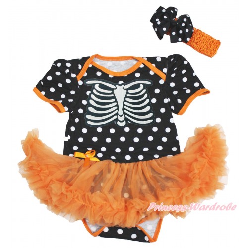 Halloween Black White Dots Baby Bodysuit Orange Pettiskirt & Skeleton Rib & Orange Headband Black White Dots Silk Bow JS3980