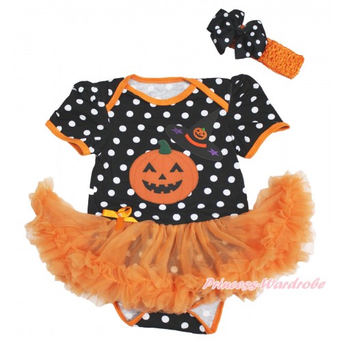 Halloween Black White Dots Baby Bodysuit Orange Pettiskirt & Pumpkin Witch Hat & Pumpkin & Orange Headband Black White Dots Silk Bow JS3982