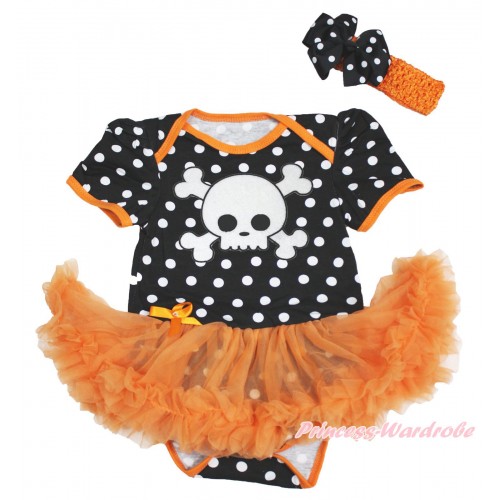 Halloween Black White Dots Baby Bodysuit Orange Pettiskirt & White Skeleton & Orange Headband Black White Dots Silk Bow JS3983