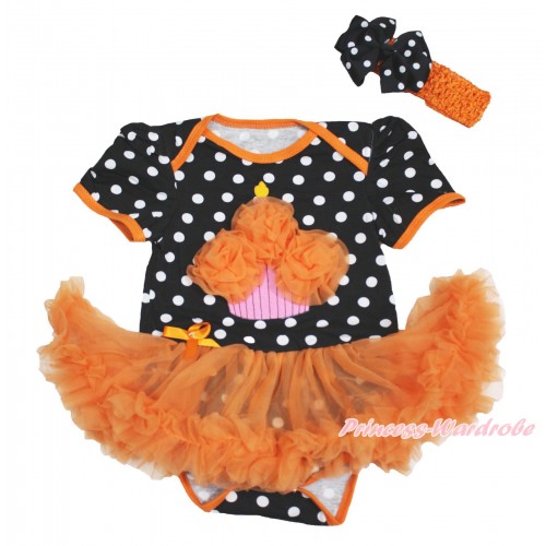 Black White Dots Baby Bodysuit Orange Pettiskirt & Orange Rosettes Birthday Cake & Orange Headband Black White Dots Silk Bow JS3984