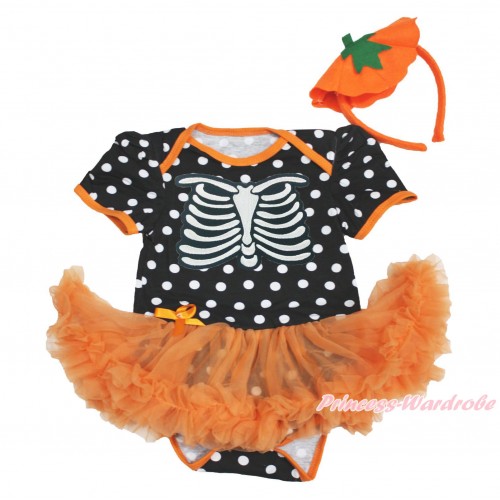 Halloween Black White Dots Baby Bodysuit Orange Pettiskirt & Skeleton Rib & Pumpkin Headband JS3985