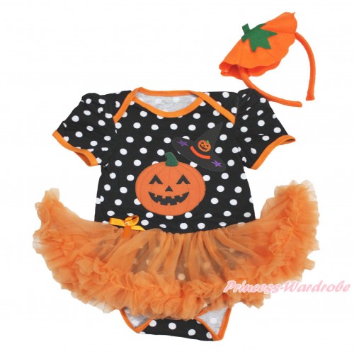 Halloween Black White Dots Baby Bodysuit Orange Pettiskirt & Pumpkin Witch Hat & Pumpkin & Pumpkin Headband JS3987