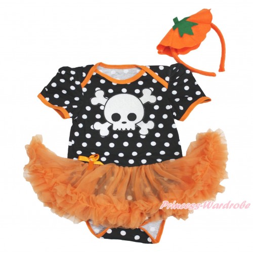 Halloween Black White Dots Baby Bodysuit Orange Pettiskirt & White Skeleton & Pumpkin Headband JS3988