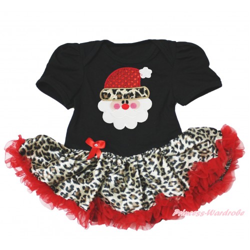Xmas Black Baby Bodysuit Leopard Red Pettiskirt & Leopard Santa Claus Print JS3989