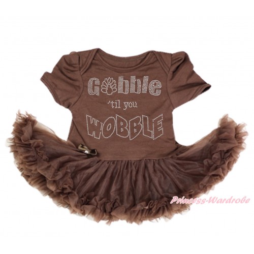 Thanksgiving Brown Baby Bodysuit Pettiskirt & Sparkle Rhinestone Gobble Till You Wobble Print JS3999