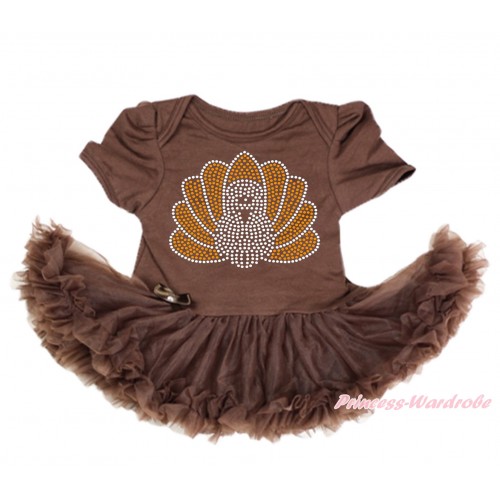 Thanksgiving Brown Baby Bodysuit Pettiskirt & Sparkle Rhinestone Turkey Print JS4000