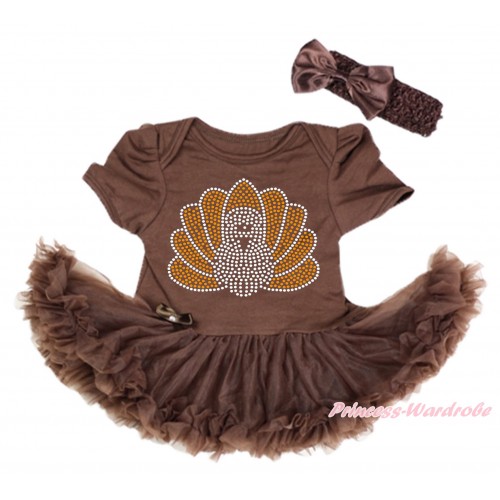 Thanksgiving Brown Baby Bodysuit Pettiskirt & Sparkle Rhinestone Turkey Print & Brown Headband Satin Bow JS4002