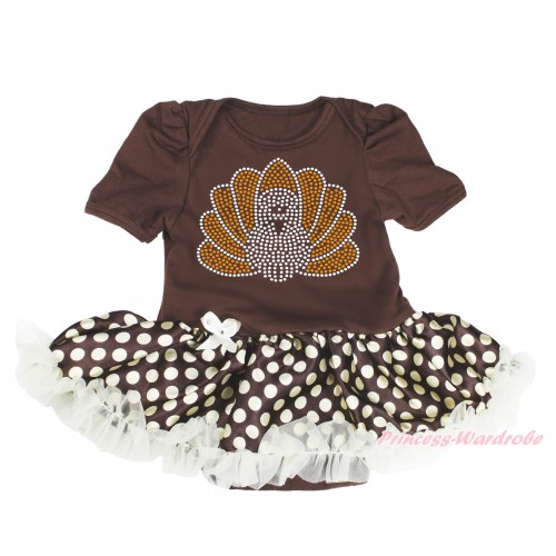 Thanksgiving Brown Baby Bodysuit Brown Golden Dots Pettiskirt & Sparkle Rhinestone Turkey Print JS4004
