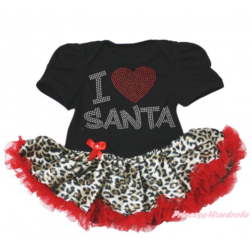 Xmas Black Baby Bodysuit Leopard Red Pettiskirt & Sparkle Rhinestone I Love Santa Print JS4075