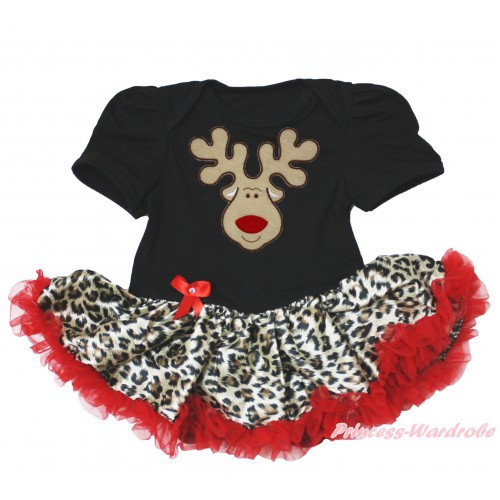 Xmas Black Baby Bodysuit Leopard Red Pettiskirt & Christmas Reindeer Print JS4077