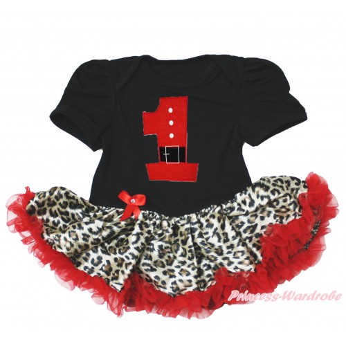 Xmas Black Baby Bodysuit Leopard Red Pettiskirt & 1st Santa Claus Birthday Number Print JS4078