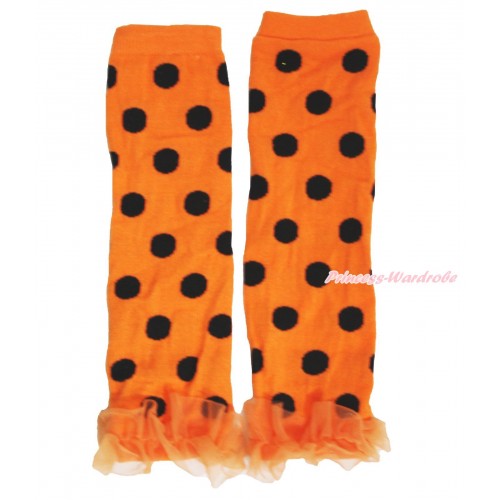 Halloween Newborn Baby Orange Black Dots Leg Warmers Leggings & Orange Ruffles LG284