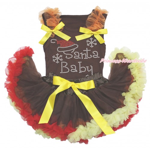 Xmas Brown Baby Pettitop Orange Ruffles Yellow Bows & Sparkle Rhinestone Santa Baby & Brown Red Yellow Newborn Pettiskirt BG169