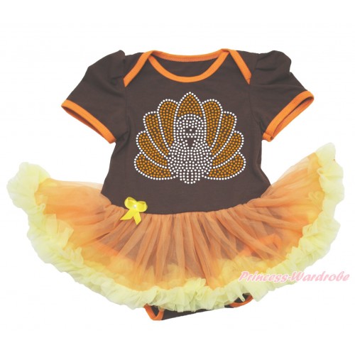 Thanksgiving Brown Baby Bodysuit Orange Yellow Pettiskirt & Sparkle Rhinestone Turkey JS4009