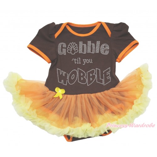 Thanksgiving Brown Baby Bodysuit Orange Yellow Pettiskirt & Sparkle Rhinestone Gobble Till You Wobble JS4010