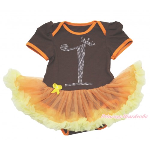 Brown Baby Bodysuit Orange Yellow Pettiskirt & 1st Sparkle Rhinestone Birthday Number Print JS4012