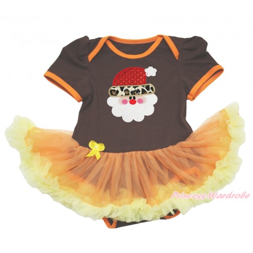 Xmas Brown Baby Bodysuit Orange Yellow Pettiskirt & Leopard Santa Claus Print JS4014
