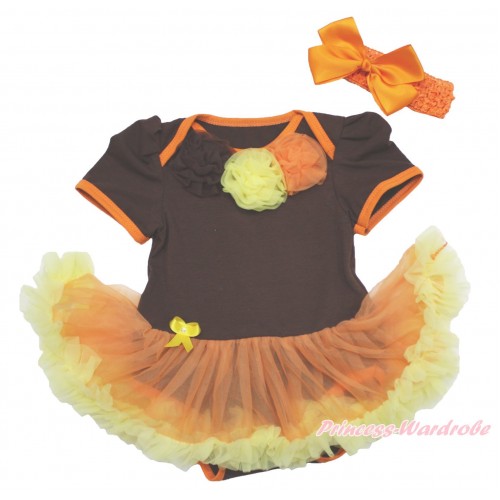 Thanksgiving Brown Baby Bodysuit Orange Yellow Pettiskirt & Brown Yellow Orange Rosettes & Orange Headband Silk Bow JS4017