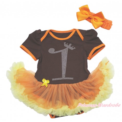 Brown Baby Bodysuit Orange Yellow Pettiskirt & 1st Sparkle Rhinestone Birthday Number & Orange Headband Silk Bow JS4021