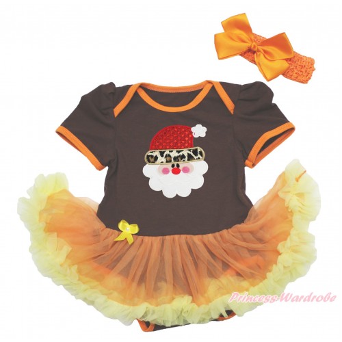 Xmas Brown Baby Bodysuit Orange Yellow Pettiskirt & Leopard Santa Claus & Orange Headband Silk Bow JS4023