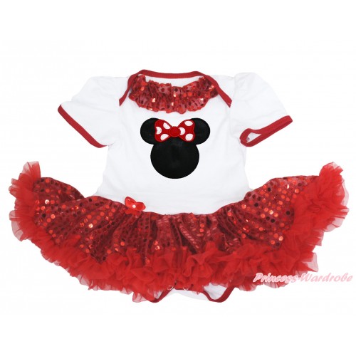 White Baby Bodysuit Sparkle Red Sequins Pettiskirt & Red Sequins Lacing & Red Minnie Print JS4061
