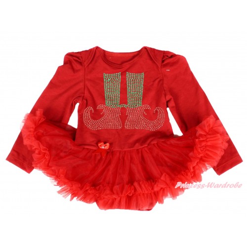 Xmas Red Long Sleeve Baby Bodysuit Pettiskirt & Sparkle Rhinestone Elf Socks Print JS4086