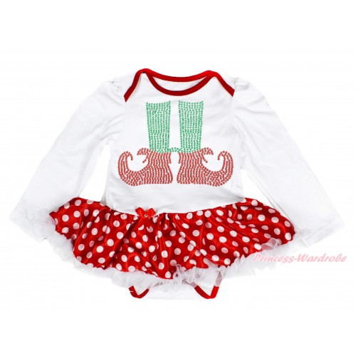 Xmas White Long Sleeve Baby Bodysuit Minnie Dots White Pettiskirt & Sparkle Rhinestone Elf Socks Print JS4087
