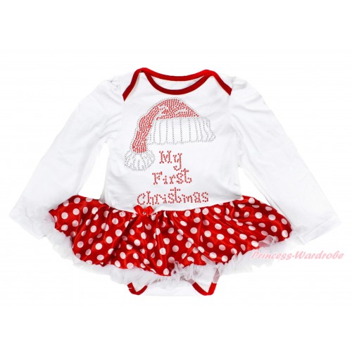 Xmas White Long Sleeve Baby Bodysuit Minnie Dots White Pettiskirt & Sparkle Rhinestone Christmas Hat Print JS4088