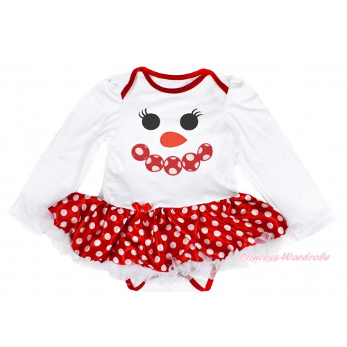 Xmas White Long Sleeve Baby Bodysuit Minnie Dots White Pettiskirt & Minnie Dots Snowman Face Print JS4089