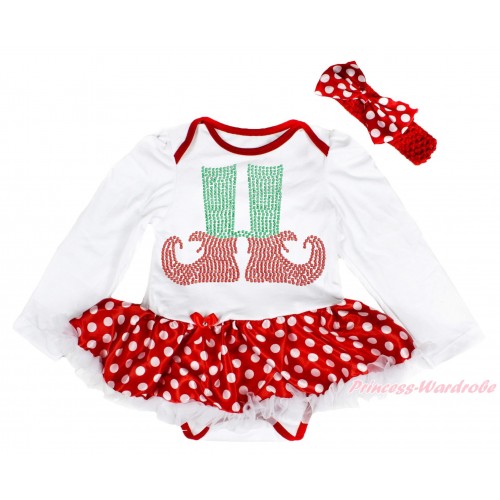 Xmas White Long Sleeve Baby Bodysuit Minnie Dots White Pettiskirt & Sparkle Rhinestone Elf Socks Print & Red Headband Minnie Dots Satin Bow JS4091
