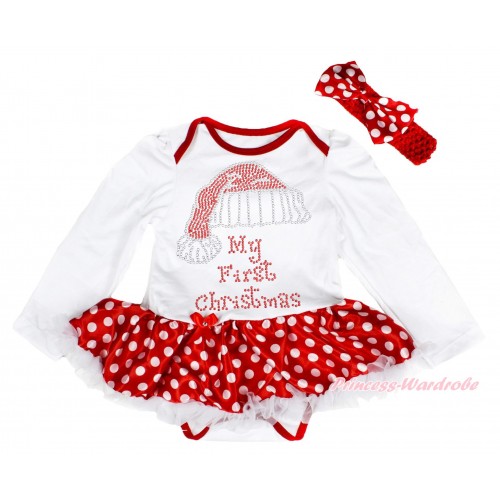 Xmas White Long Sleeve Baby Bodysuit Minnie Dots White Pettiskirt & Sparkle Rhinestone Christmas Hat Print & Red Headband Minnie Dots Satin Bow JS4092