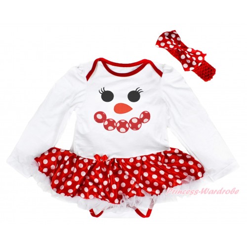 Xmas White Long Sleeve Baby Bodysuit Minnie Dots White Pettiskirt & Minnie Dots Snowman Face Print & Red Headband Minnie Dots Satin Bow JS4093
