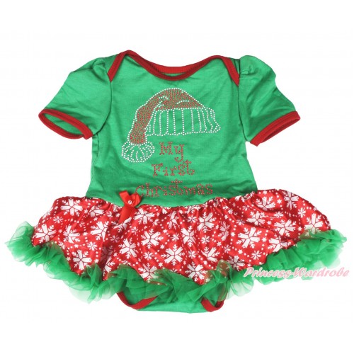 Xmas Kelly Green Baby Bodysuit Red Snowflakes Pettiskirt & Sparkle Rhinestone Christmas Hat Print JS4095