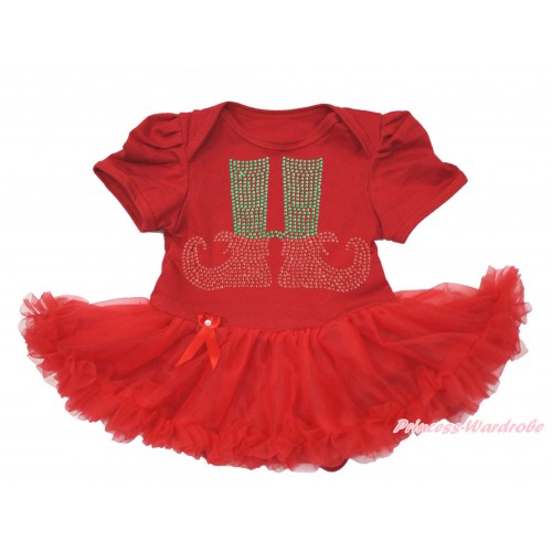 Xmas Red Baby Bodysuit Pettiskirt & Sparkle Rhinestone Elf Socks Print JS4098