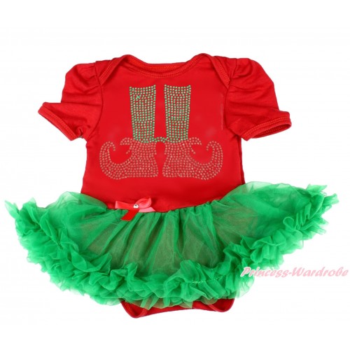 Xmas Red Baby Bodysuit Kelly Green Pettiskirt & Sparkle Rhinestone Elf Socks Print JS4099