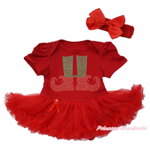 Xmas Red Baby Bodysuit Pettiskirt & Sparkle Rhinestone Elf Socks & Red Headband Silk Bow JS4104