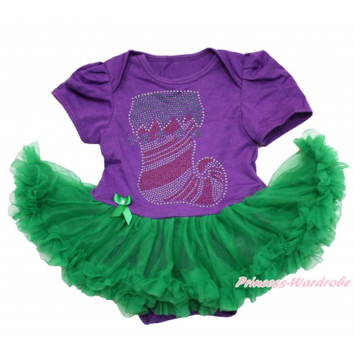 Xmas Dark Purple Baby Bodysuit Kelly Green Pettiskirt & Sparkle Rhinestone Christmas Stocking Print JS4108