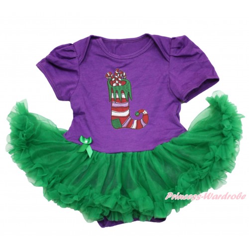Xmas Dark Purple Baby Bodysuit Kelly Green Pettiskirt & Christmas Stocking Print JS4110