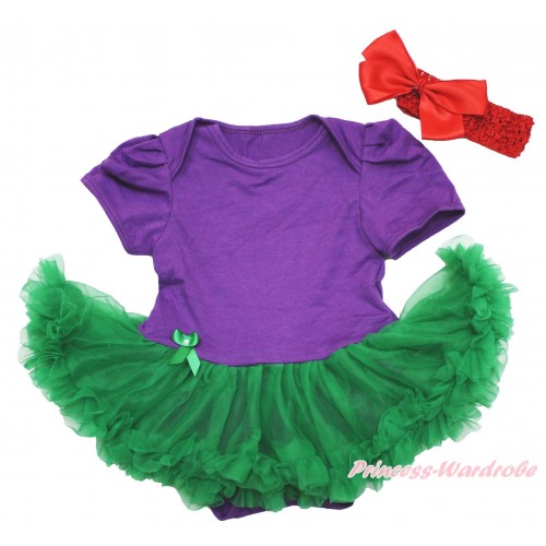 Dark Purple Baby Bodysuit Kelly Green Pettiskirt & Red Headband Silk Bow JS4111