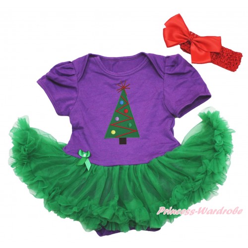 Xmas Dark Purple Baby Bodysuit Kelly Green Pettiskirt & Christmas Tree & Red Headband Silk Bow JS4114