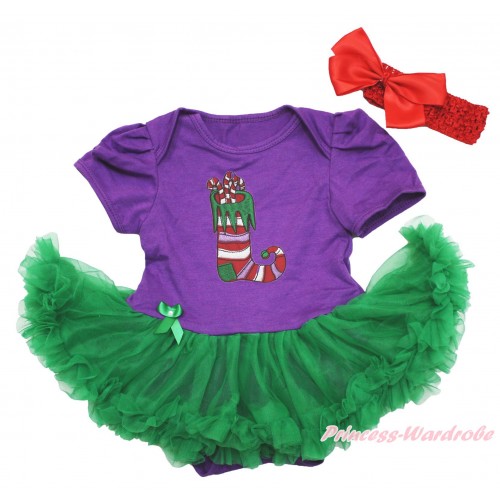 Xmas Dark Purple Baby Bodysuit Kelly Green Pettiskirt & Christmas Stocking & Red Headband Silk Bow JS4115