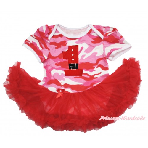 Xmas Pink Camouflage Baby Bodysuit Red Pettiskirt & 1st Santa Claus Birthday Number Print JS4118