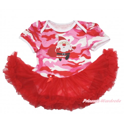 Xmas Pink Camouflage Baby Bodysuit Red Pettiskirt & Gift Bag Santa Claus Print JS4120