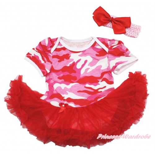 Pink Camouflage Baby Bodysuit Red Pettiskirt & Light Pink Headband Red Silk Bow JS4122