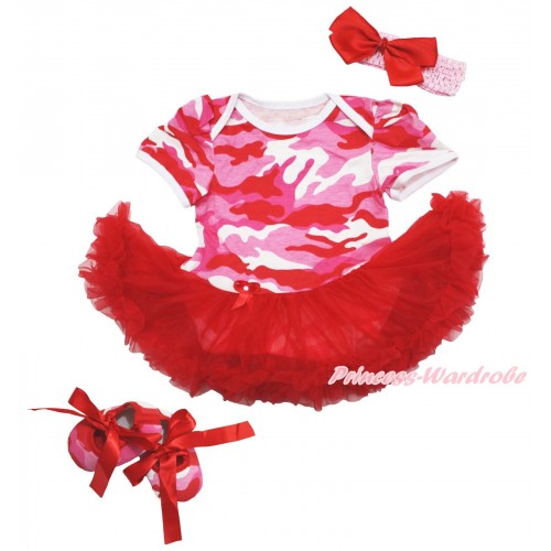 Pink Camouflage Baby Bodysuit Red Pettiskirt & Light Pink Headband Red Silk Bow & Red Ribbon Pink Camouflage Shoes JS4128