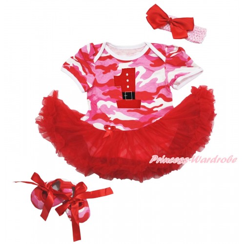 Xmas Pink Camouflage Baby Bodysuit Red Pettiskirt & 1st Santa Claus Birthday Number Print & Light Pink Headband Red Silk Bow & Red Ribbon Pink Camouflage Shoes JS4130
