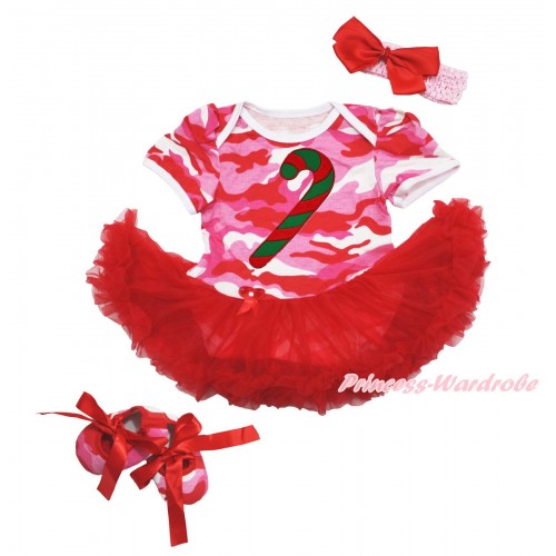 Xmas Pink Camouflage Baby Bodysuit Red Pettiskirt & Christmas Stick Print & Light Pink Headband Red Silk Bow & Red Ribbon Pink Camouflage Shoes JS4131