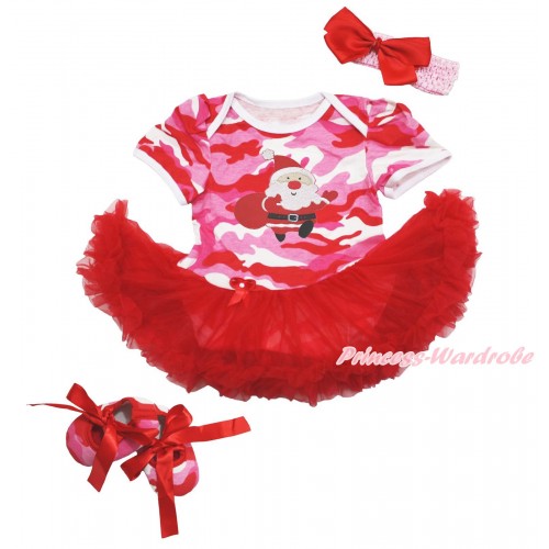 Xmas Pink Camouflage Baby Bodysuit Red Pettiskirt & Gift Bag Santa Claus Print & Light Pink Headband Red Silk Bow & Red Ribbon Pink Camouflage Shoes JS4132